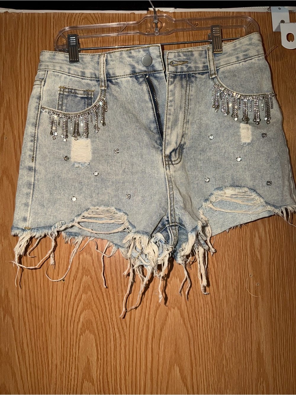 High-Rise Light Blue Distressed Denim Shorts with Rhinestone Fringe